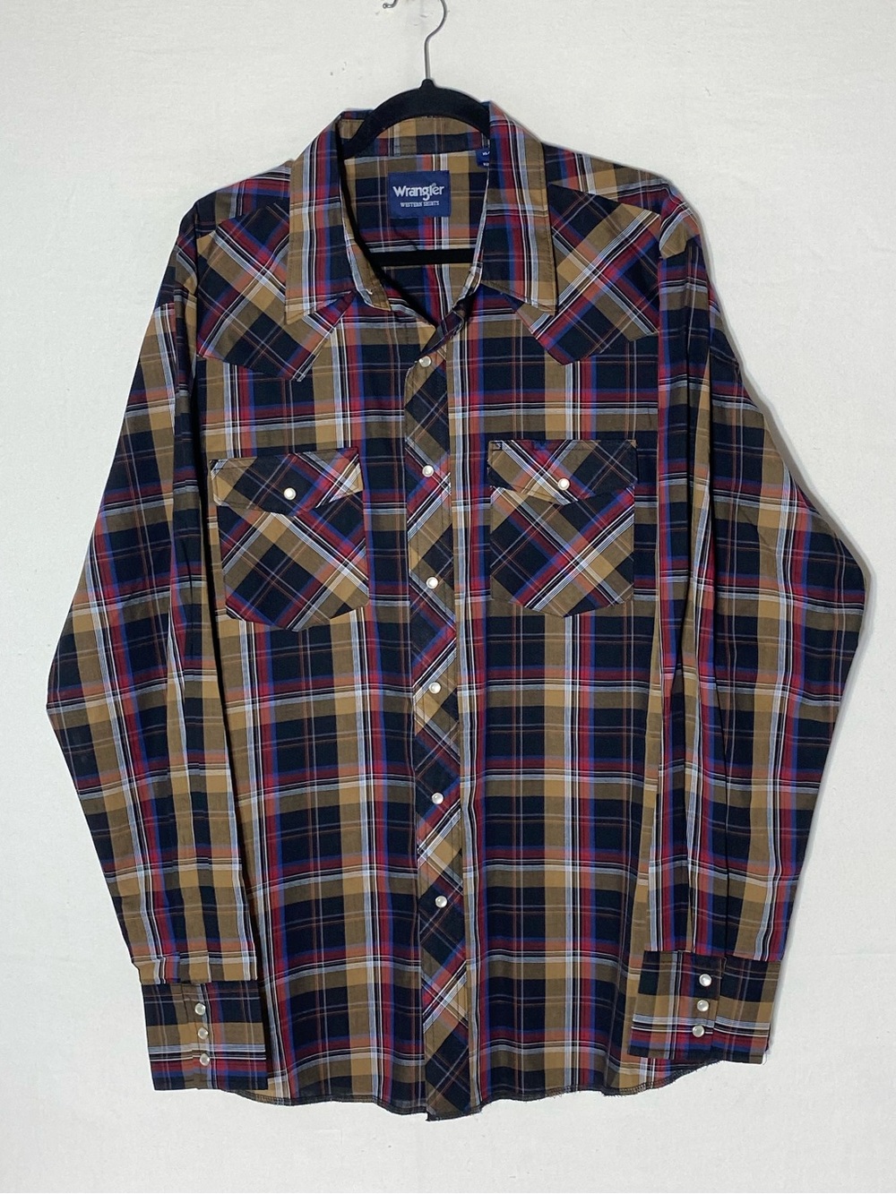 Vintage Wrangler Black Tan Red Blue Plaid Pearl Snap Western Shirt XL Stampede
